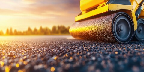 A close-up of a yellow road roller compacting asphalt as the sun sets, highlighting the smooth surface and reflective textures.