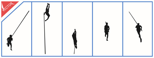 Set of black silhouettes of pole vaulters. Isolated on a white background. Vector illustration.