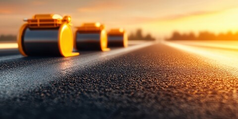 A close-up view of rollers on a freshly paved road during sunset, highlighting the smooth surface and vibrant colors of the scene.