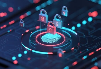 Cybersecurity fingerprint data protection with lock secure access and digital technology concept