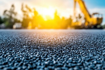 A close-up of textured asphalt with a sunlit background, showcasing construction machinery and an emerging warm glow.