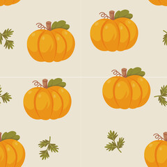 Seamless Pixel Art Pattern of Orange Pumpkins with Green Leaves on a Light Beige Background Perfect for Autumn Fall Harvest Themes
