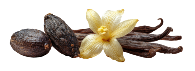Close-up of vanilla beans and flower