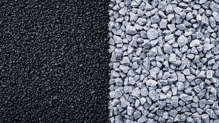 A close-up view of two types of gravel, one black and smooth, the other gray and jagged, showcasing their texture and contrast.