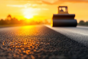 A construction roller compacts asphalt on a road during a vibrant sunset, creating a dramatic foreground and warm background hues.
