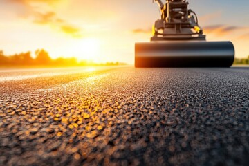 A close-up of a road roller compacting asphalt as the sun sets, creating a warm glow on the textured surface.