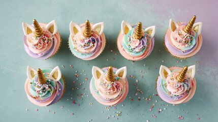Flat lay of unicorn cupcakes pastel glitter frosting golden horns and rainbow sprinkles dreamy lighting