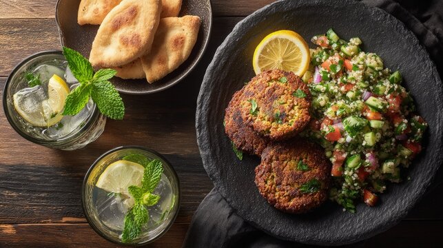 Flat lay of a Middle Eastern lunch falafel tabbouleh warm pita and a glass of minty lemonade
