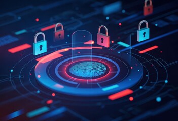 Cybersecurity fingerprint scan technology with digital lock protection and data encryption concept