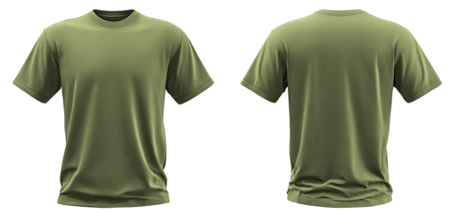 Front and back view of a plain, olive green t-shirt (1)