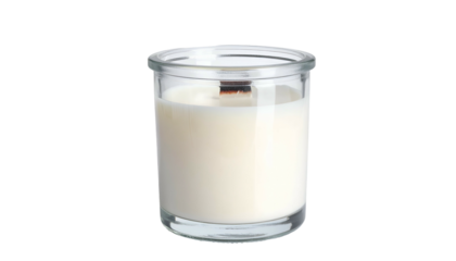 White candle in glass container with wooden wick on black
