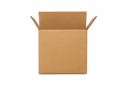 Open empty cardboard box ready for packaging, shipping, moving, or delivery with a transparent background