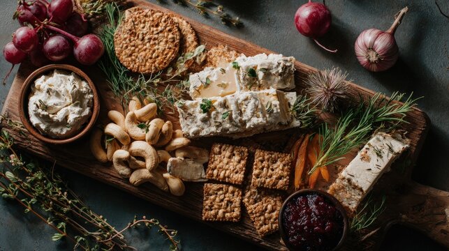 Bright flat lay of a vegan healthy eating charcuterie board cashew cheese crackers and fresh herbs