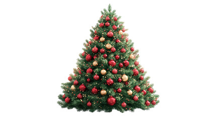 Detailed realistic Christmas tree illustration decorated with red and gold baubles isolated on white background