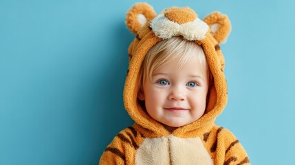 Adorable young child wea a cute tiger costume with a hood featu ears and a face smiling happily against a blue background