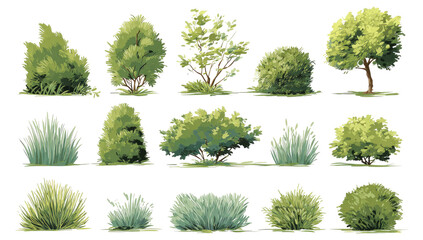 Collection of various stylized green plants, shrubs, and trees