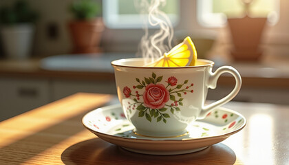 Fototapeta premium Hot tea cup with lemon slice on wooden table in bright kitchen 
