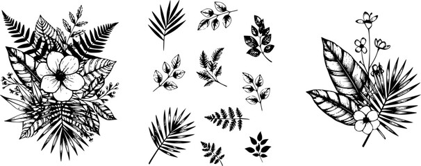 Fototapeta premium Abstract botanical poster vector set. Leaves, flower in monochrome. Illustration design for Eco packaging, interior, cover, wall art, wallpaper.
