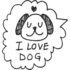 Hand Drawn Dog Face Illustration Inside a Thought Bubble with I Love Dog Text and Heart Detail