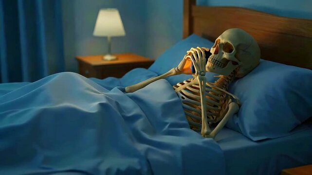 A skeleton in bed, illuminated by a smartphone screen, bedside lamp on