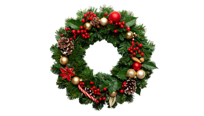 Festive wreath with ornaments, berries, holly against black