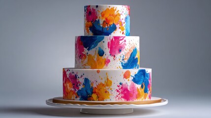 Abstract watercolor wedding cake with bold brushstroke designs vibrant splashes of color and a contemporary artistic flair