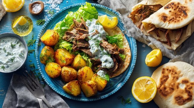 A fresh flat lay of a Greek dinner gyro platter tzatziki and roasted lemon potatoes on a blue plate