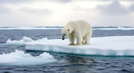 Polar bear standing on a melting ice floe in the arctic ocean