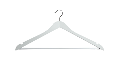 White wooden clothes hanger against a dark, isolated background