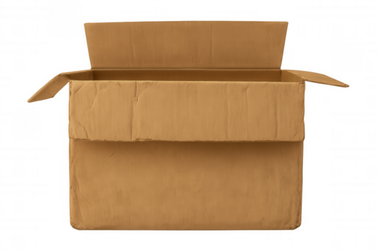 Open cardboard box for shipping, packaging, moving, and delivery, empty container with transparent background