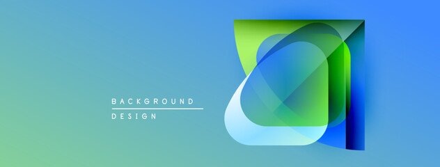 Abstract geometric shapes overlap, creating vibrant color gradients. Blue, green hues dominate background design. Modern aesthetic.