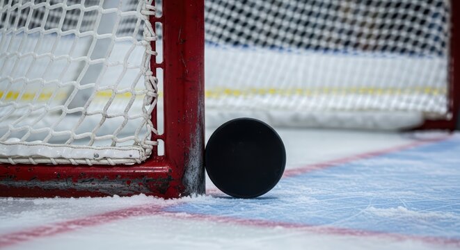 Close-up of hockey puck at goal line on ice in hockey rink