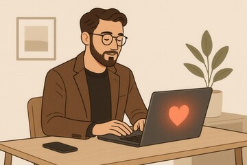 A man using a laptop with a glowing heart symbol for online dating. Modern illustration of a person searching for love on the internet. Digital romance and relationship concept