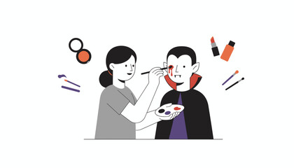 Woman applies dramatic vampire makeup for Halloween party preparation and costume fun