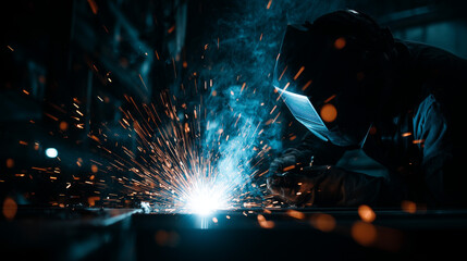 Welder working in a dark industrial workshop with bright sparks flying during metal welding process