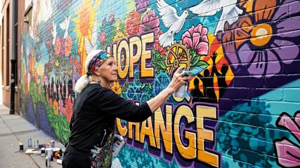An elderly woman actively spray paints a vibrant street art mural of hope and change. - Powered by Adobe