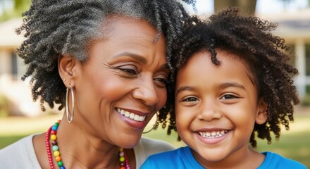 Joyful grandmother and grandson share a warm smile in a sunny backyard during summer