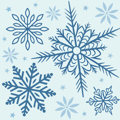 A beautiful winter illustration featuring a collection of stylized blue snowflakes and small stars scattered across a light blue background