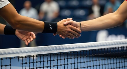 Close-up of two male tennis players shaking hands over net after match