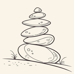 A minimalist line art drawing of a balanced stack of smooth flat stones piled high on a sandy surface with a few blades of grass