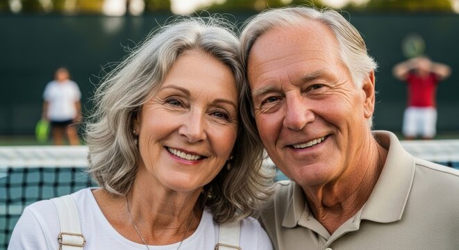 Couple smiling warmly together on a tennis court during a sunny afternoon, enjoying their game and each other's company