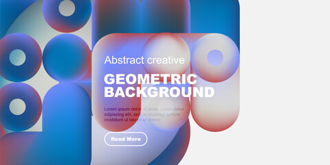 Abstract geometric background features vibrant circles, gradients. Text overlay presents design concept, call to action button visible.