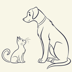 Charming line art illustration of a friendly dog and a curious kitten sitting and looking at each other with happy expressions on a plain background