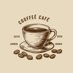 Vintage engraving style illustration of a cup of black coffee with scattered beans on a saucer, a retro logo for a cafe or coffee shop