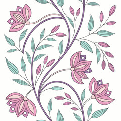 Elegant pastel floral pattern with delicate pink and purple flowers and mint green leaves on a white background for decorative design