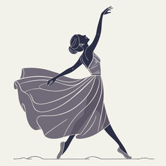 Elegant silhouette of a ballerina in a flowing dress performing graceful ballet moves on a light background © Mamun