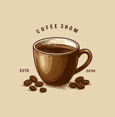 A Vintage-Style Hand-Drawn Illustration of a Coffee Cup with Beans, Evoking a Cozy and Classic Coffee Shop Ambiance, Perfect for Branding and Cafeteria Decor