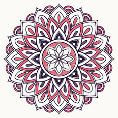 Intricate circular mandala design with repeating floral petal patterns in shades of pink purple and white on a light background