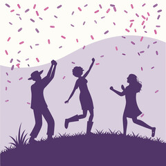 Joyful silhouettes of three people dancing and celebrating outdoors under a shower of pink and purple sprinkles