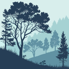 Obraz premium Serene forest landscape silhouette with layered trees and rolling hills in cool blue and teal tones creating a peaceful natural scene
